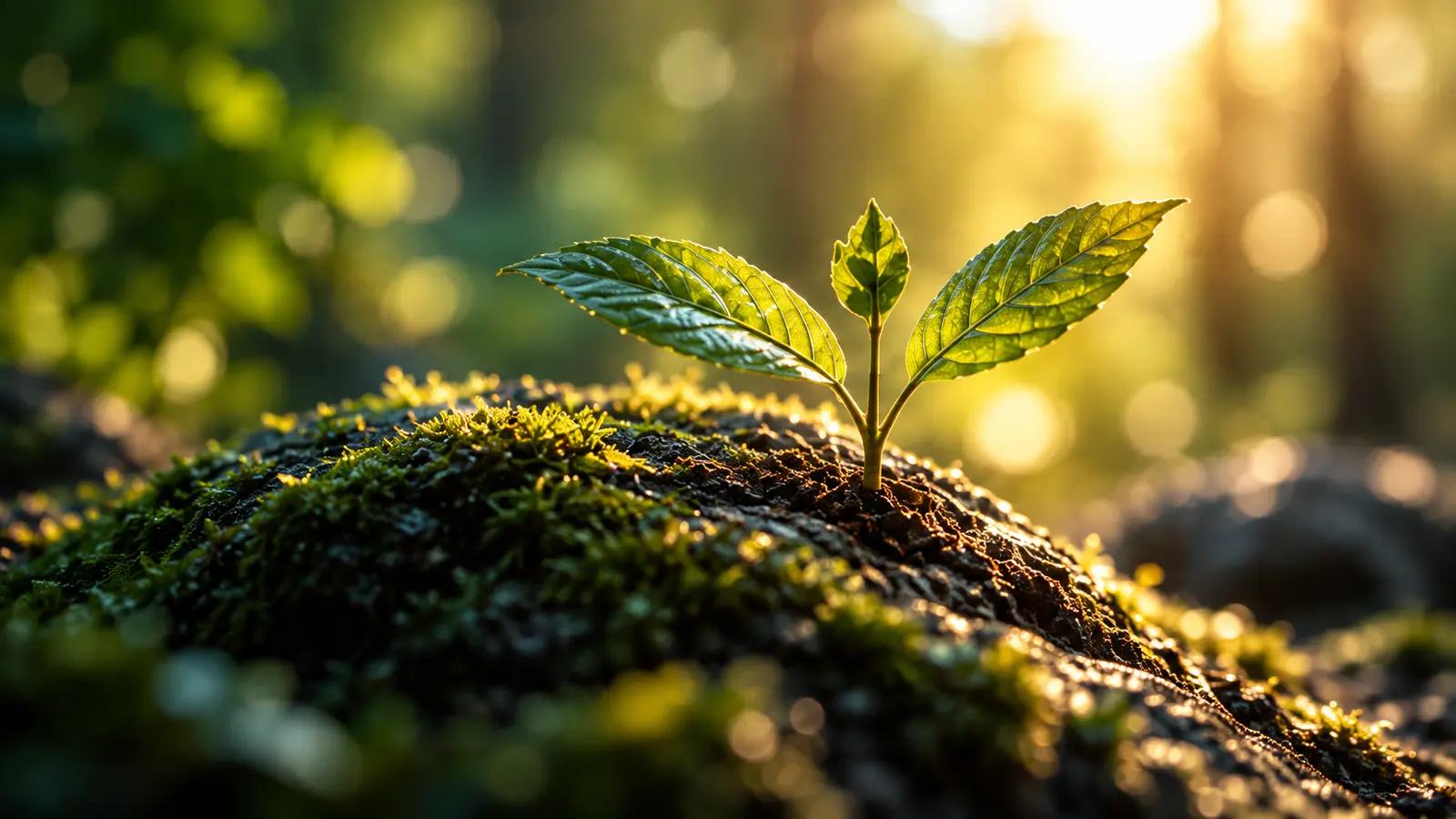 A young plant growing on a moss-covered stone in the sunlight.