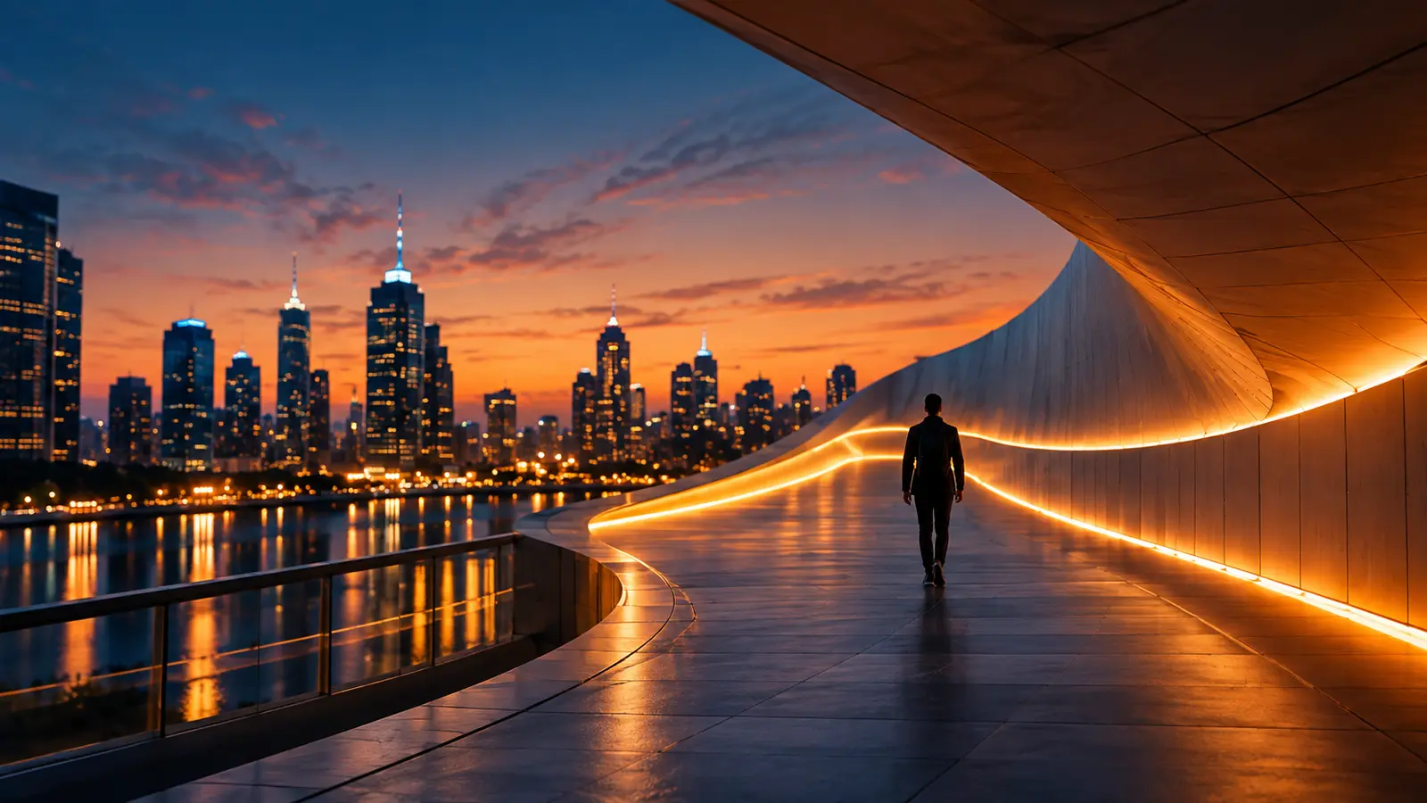 Someone walking along a lit, curving path towards a city skyline at dusk.