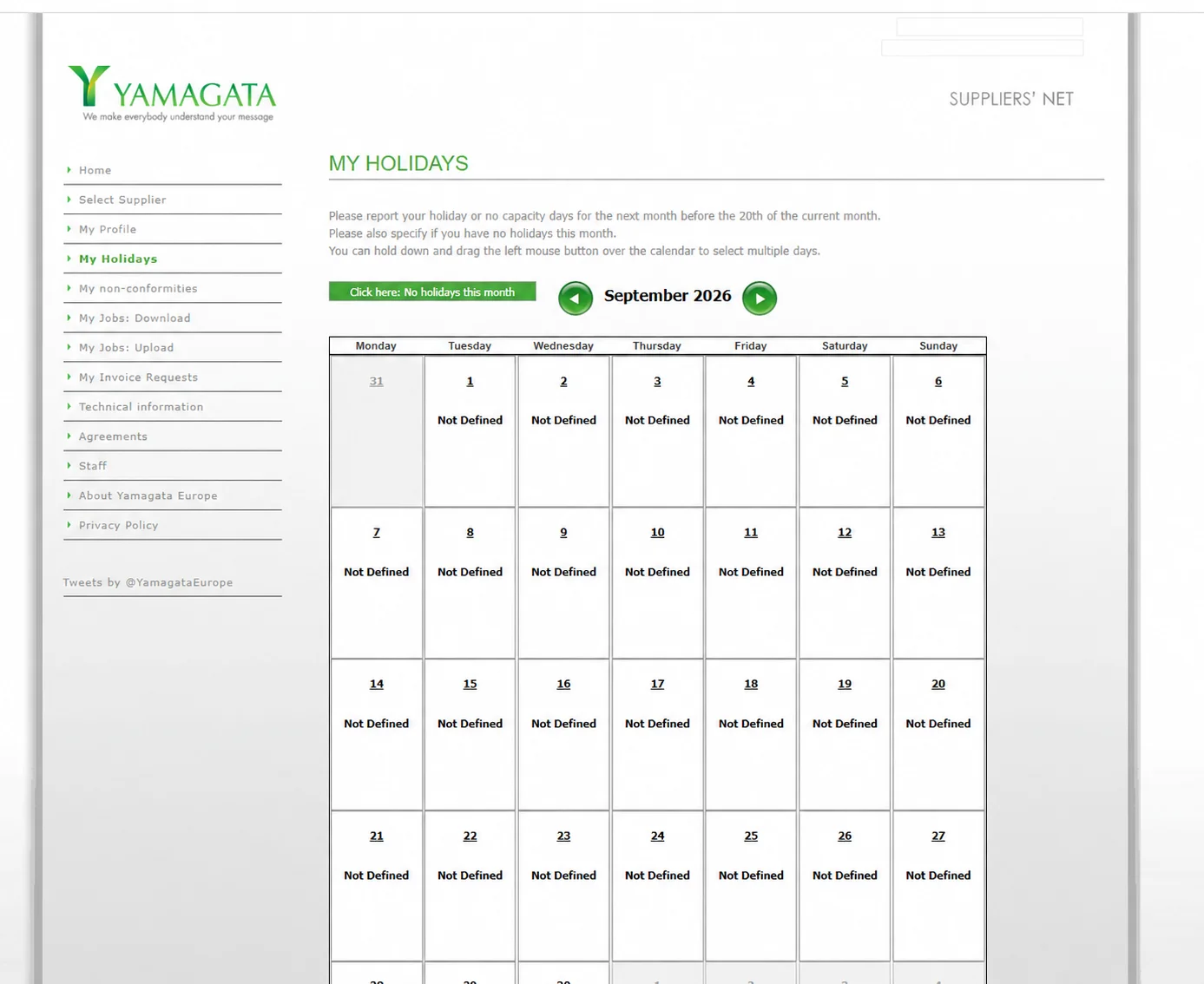 Suppliers' Net-kalender voor beschikbaarheid.